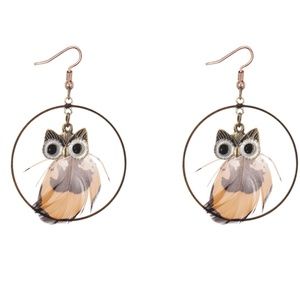 Cute Yellow Owl Boho Real Feather Earrings New